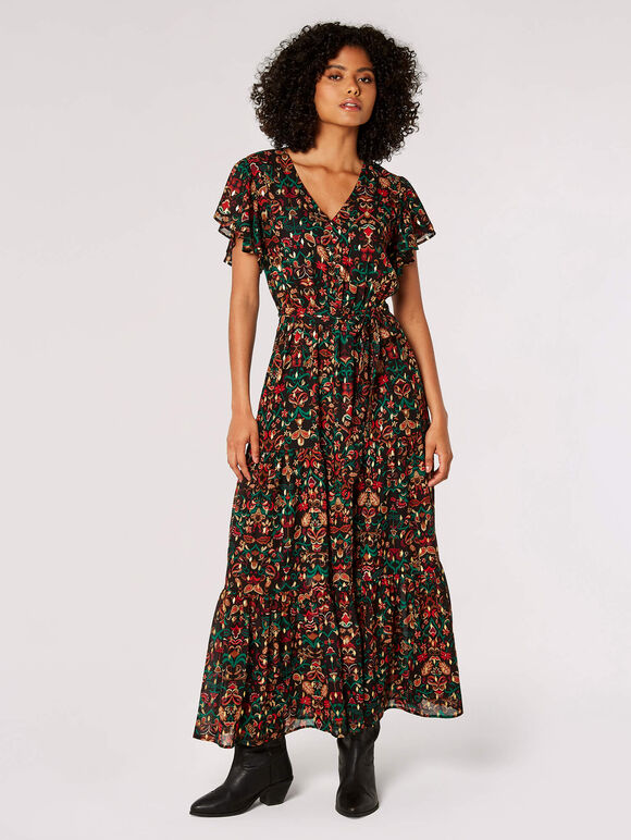 Ditsy Ikat Maxi Dress, Black, large