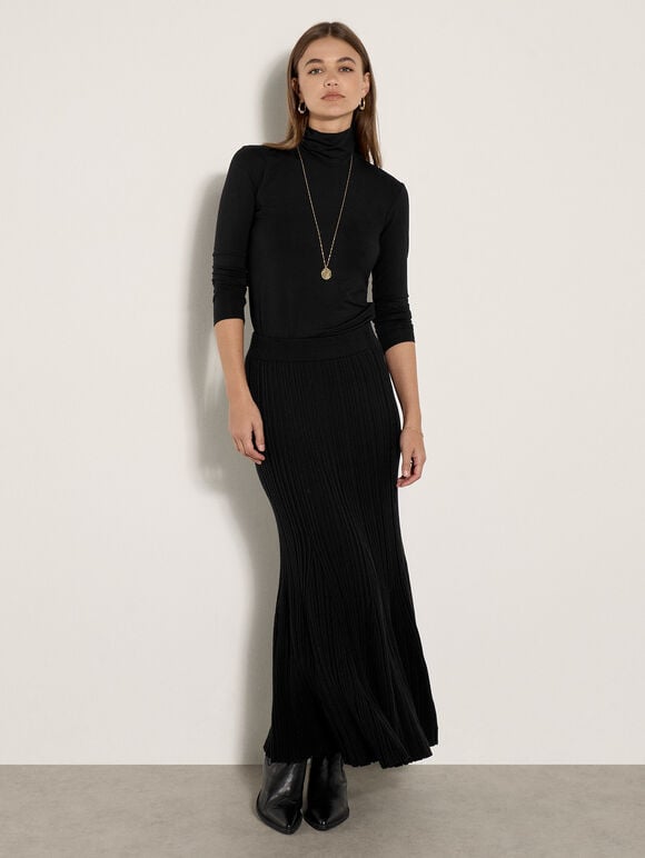 Ribbed Knit Midi Skirt, Black, large