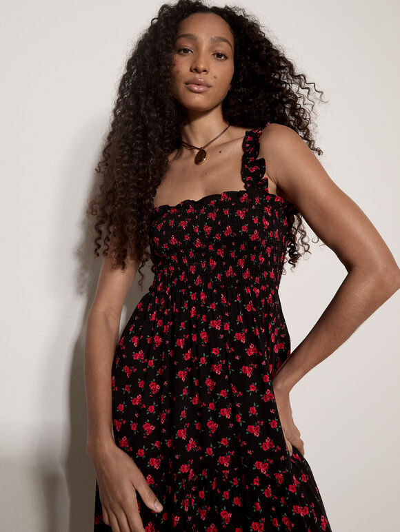 Ditsy Floral Smocked Midi Dress, Black, large