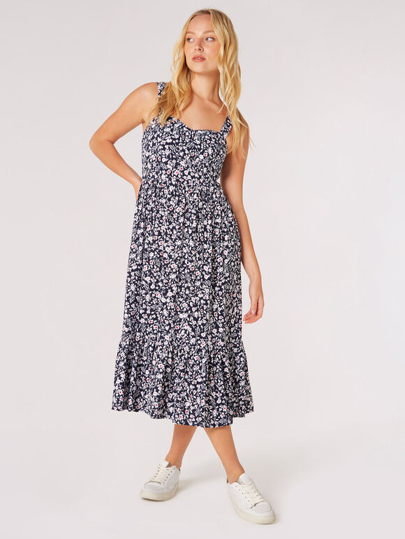 Floral Silhouette Midi Dress, Navy, large