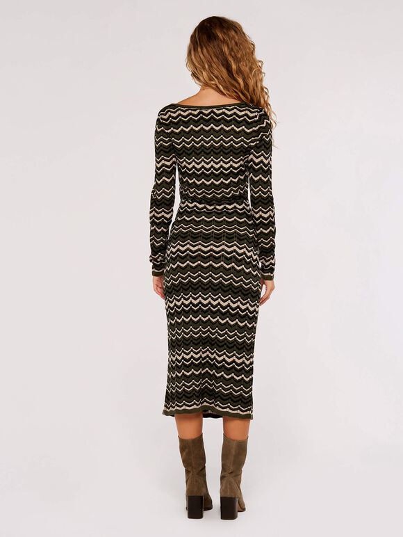 Chevron Knit Bodycon Midi Dress, Khaki, large