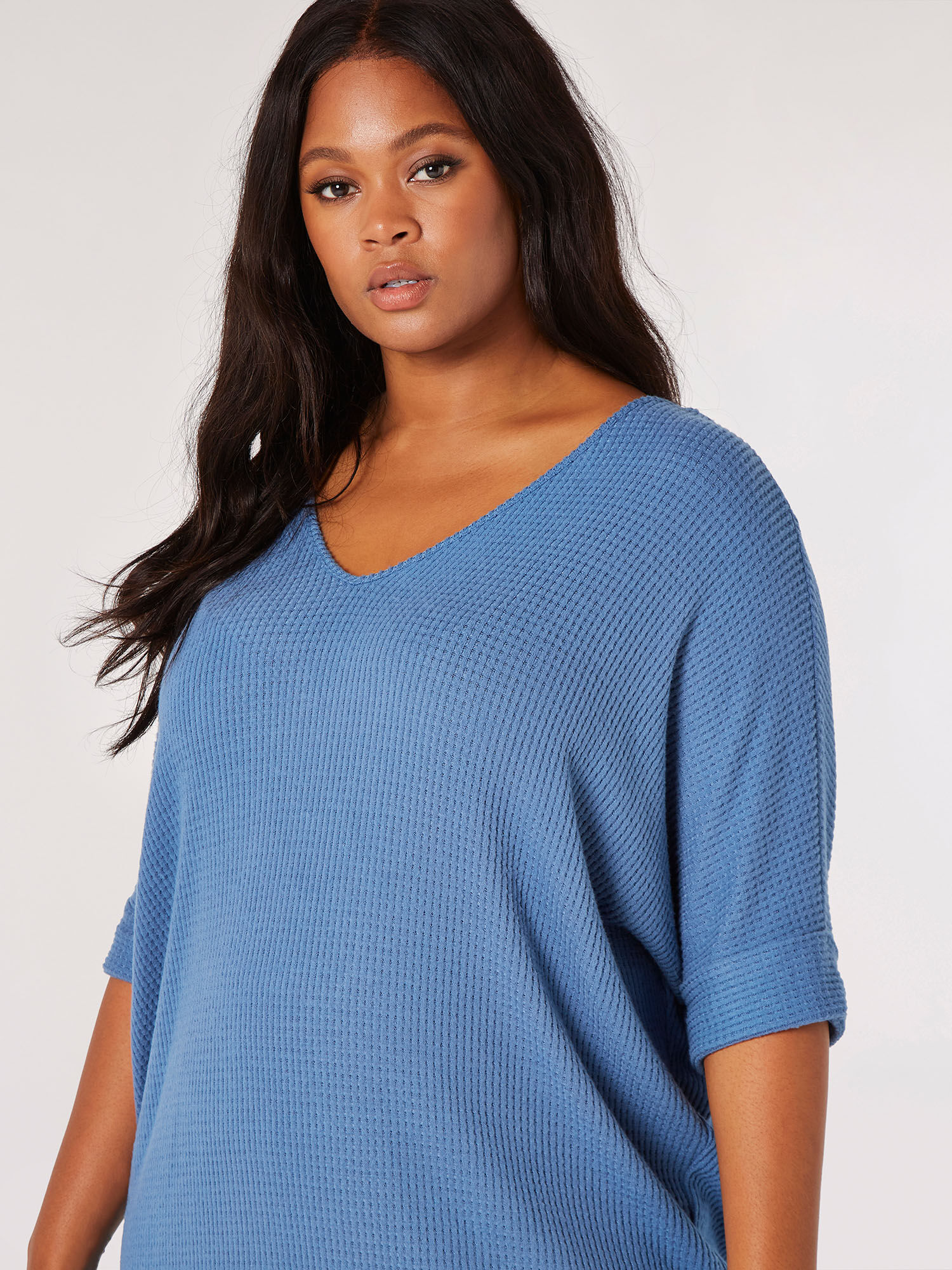 Curve Textured V Neck Batwing Top Apricot Clothing