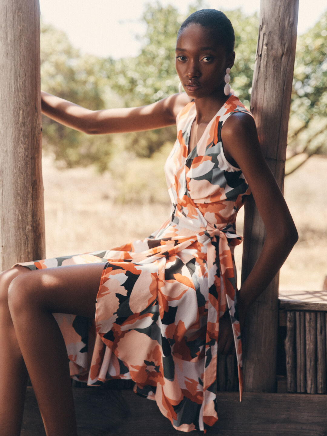 Graphic Floral Wrap Midi Dress