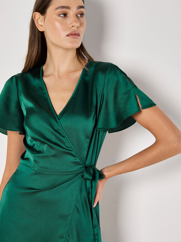 Satin Ruffle Wrap Maxi Dress, Green, large
