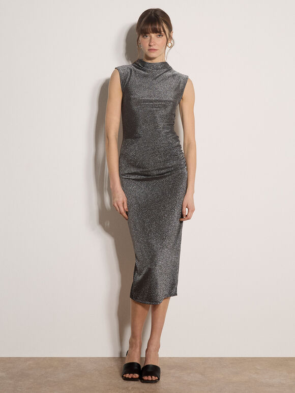 Glitter Ruched Bodycon Midaxi Dress, Silver, large