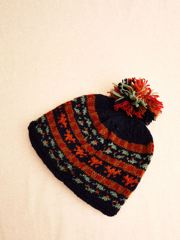Hand-Knitted Stripe Beanie Hat, Navy, large