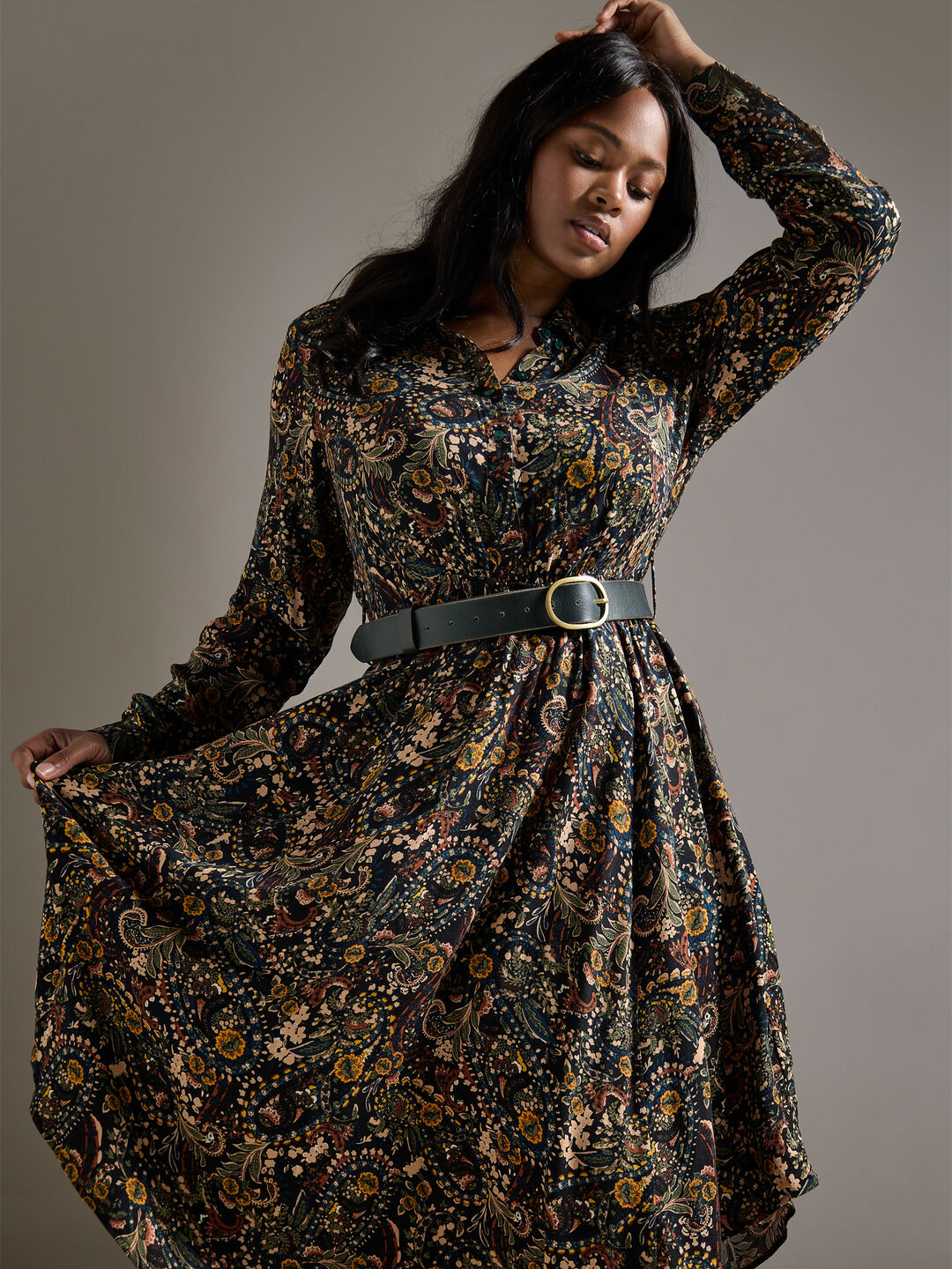 Image of Curve Paisley Floral Shirt Midi Dress
