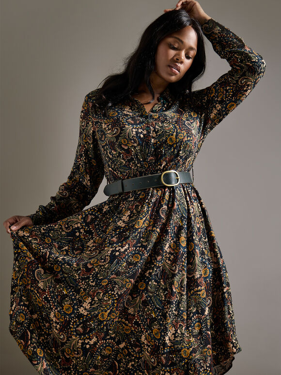 Curve Paisley Floral Shirt Midi Dress, Black, large