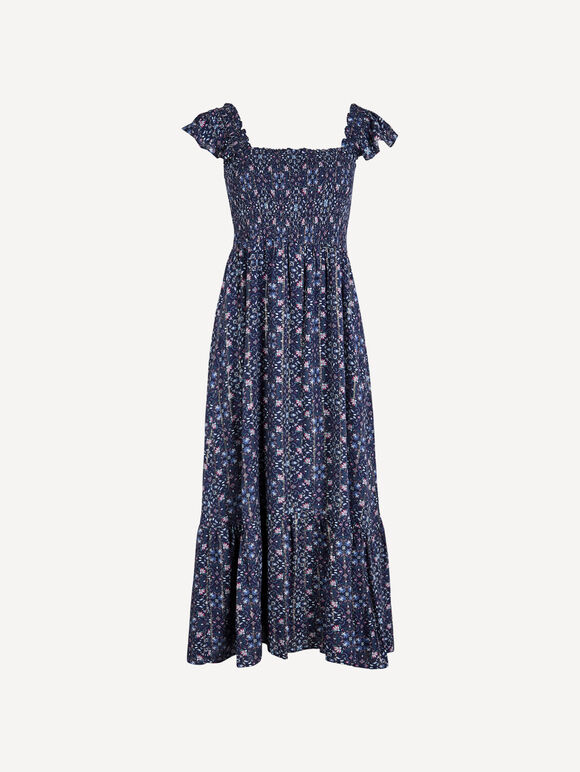 Folk Floral Metallic Midi Dress, Navy, large