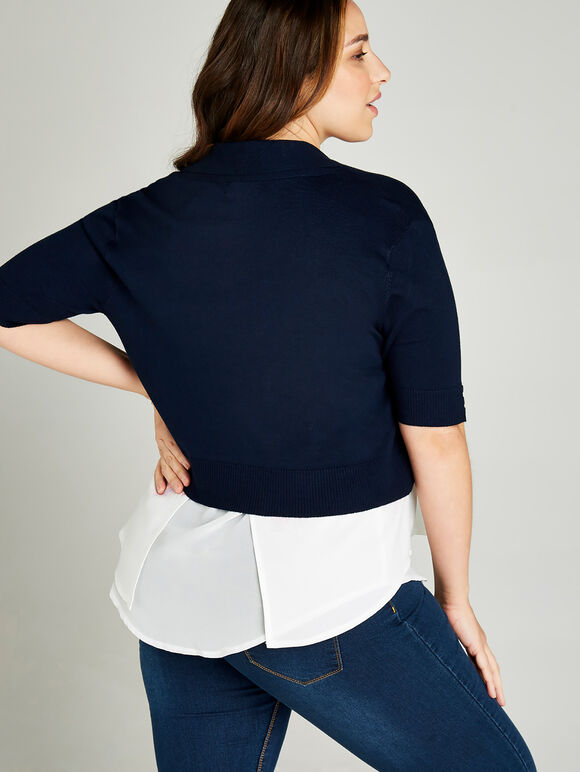 Button Sleeve Detail Knit Shrug +, Navy, large