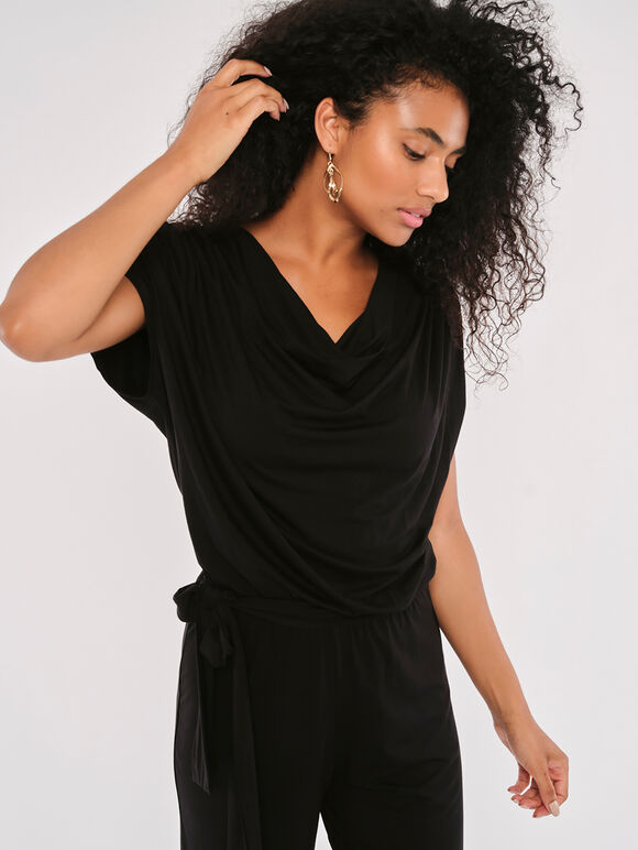 Cowl Neck Belted Jersey Jumpsuit, Black, large