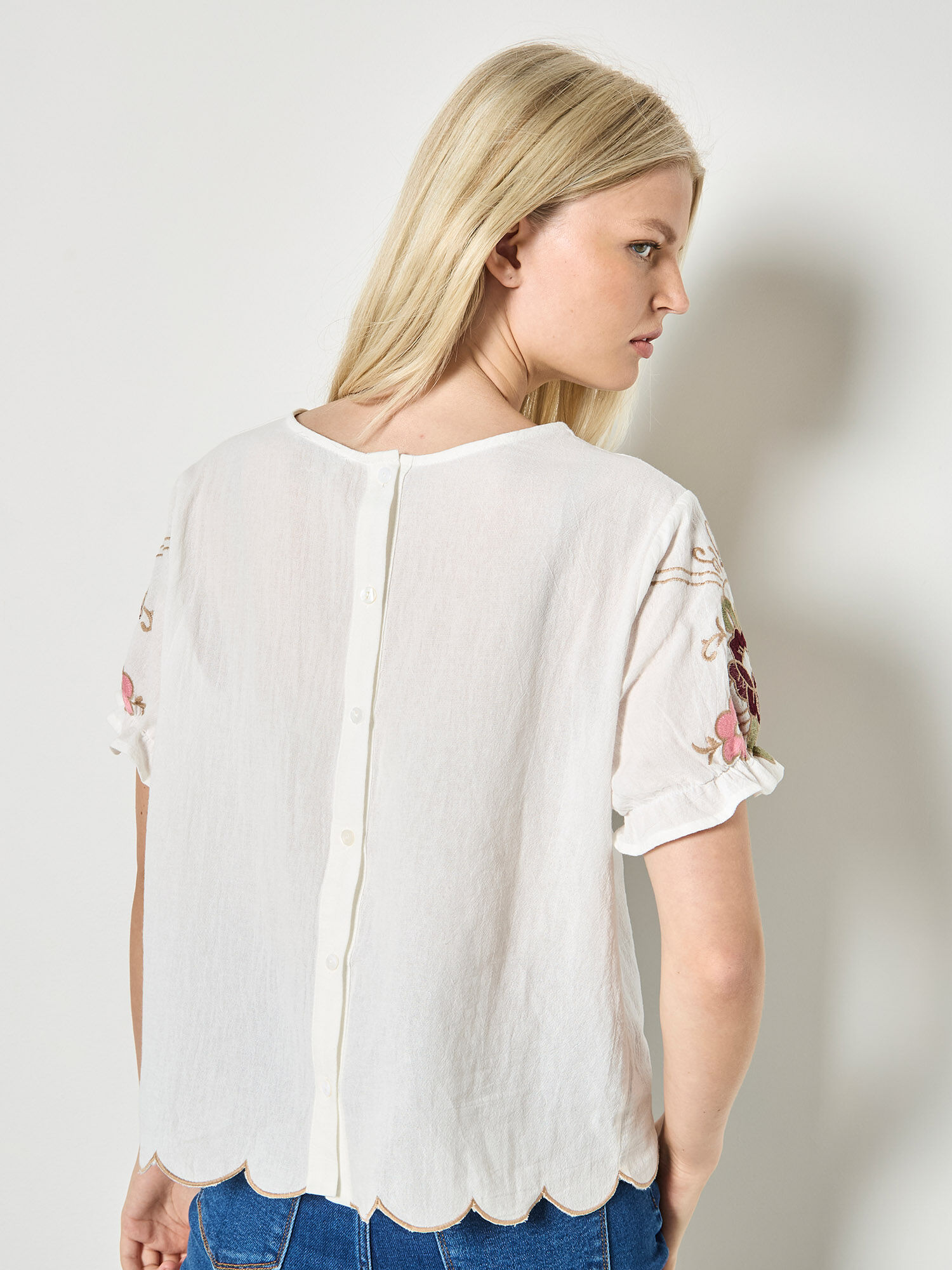 Floral Embroidered Ruffle Sleeve Cotton Top | Apricot Clothing