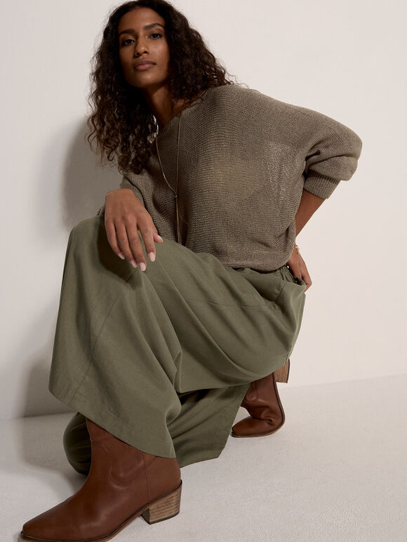 Slub Linen Wide-Leg Trousers, Khaki, large