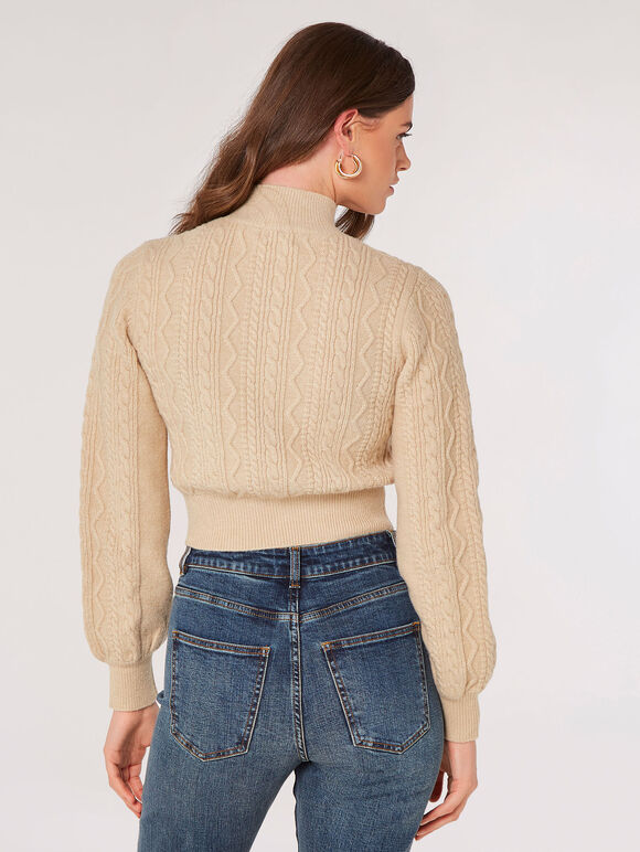 Cropped Cable Knit Aran Jumper, Stone, large