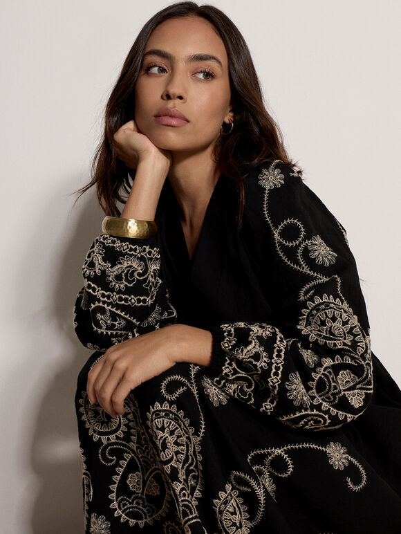 Paisley Embroidered Maxi Dress, Black, large