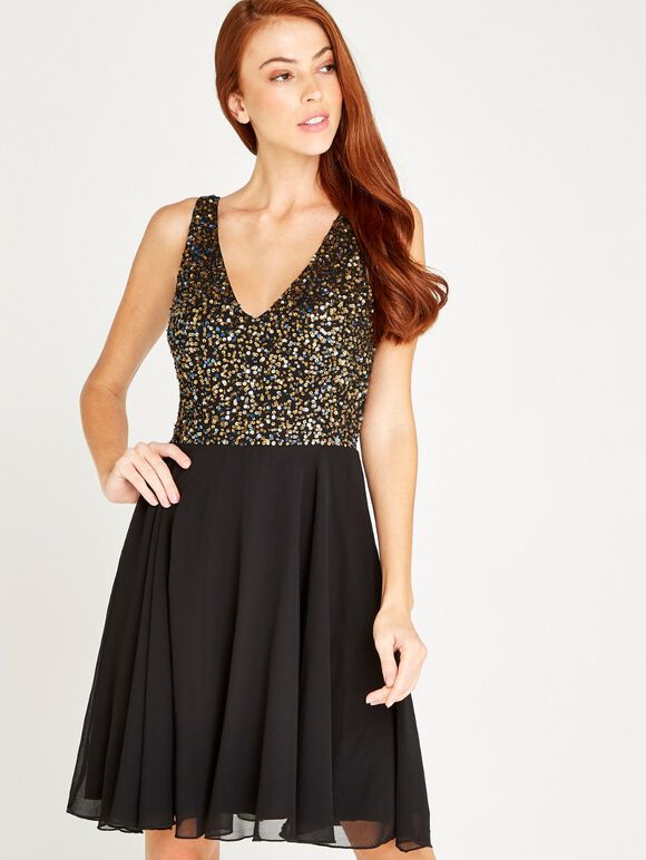 Sequin Top Swing Dress, Black, large