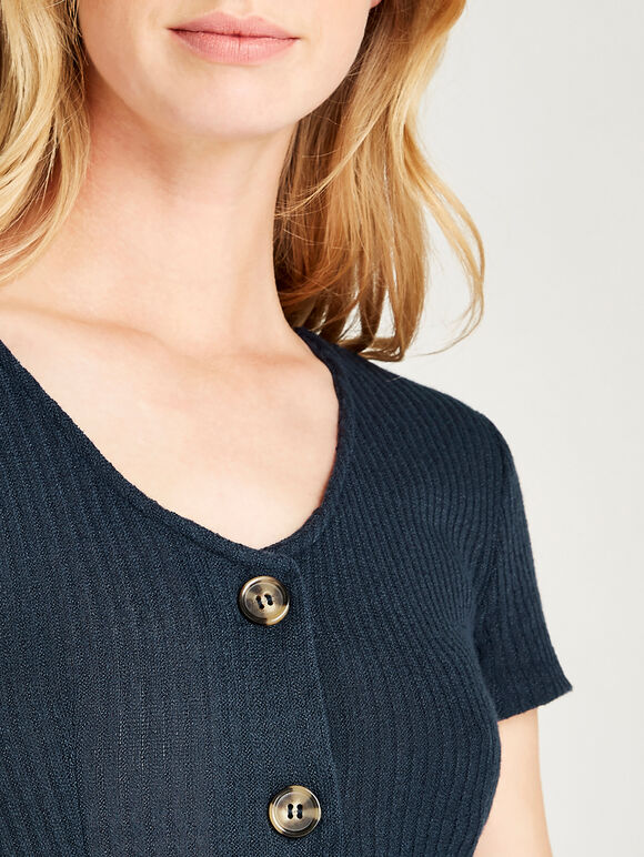 Ribbed Button Down Front Dress, Navy, large