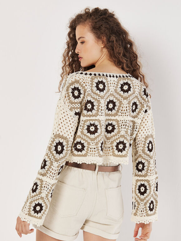 Crochet Pentagon Crop Top, Brown, large