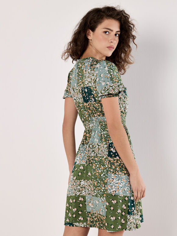 Ditsy Patchwork Milkmaid Mini Dress, Green, large