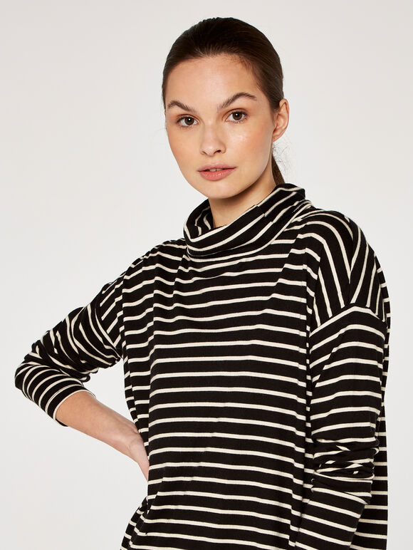 Cowl Neck Stripe Top, Black, large