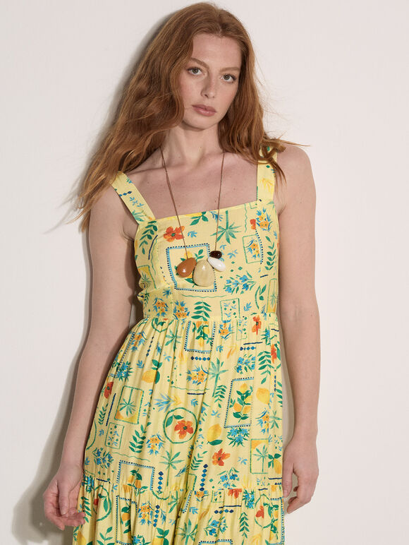 Postcard Print Tiered Midi Dress, Yellow, large