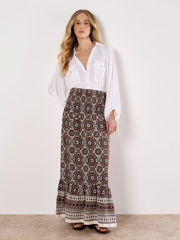 Batik Print Smocked Maxi Skirt, Brown, large