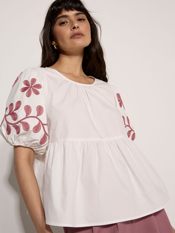 Floral Embroidered Peplum Top, Cream, large