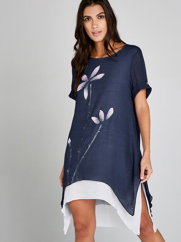 Navy Flower Double Layer Tunic Dress, Navy, large
