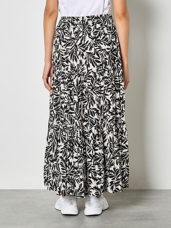 Leaf Print Tiered Midi Skirt, Cream, large