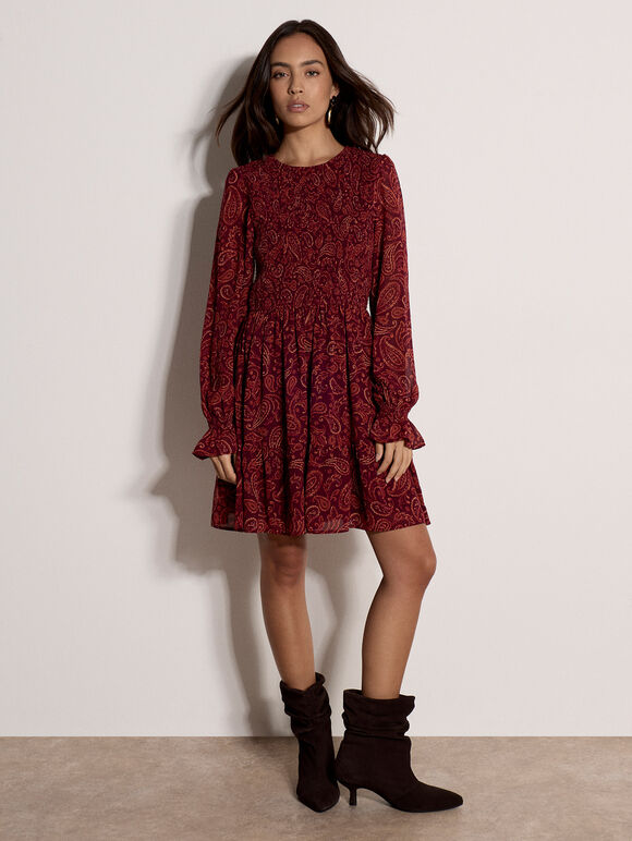Paisley Chiffon Mini Dress, Burgundy, large