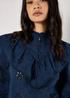 Embroidered Cotton Ruffle Blouse, Navy, large