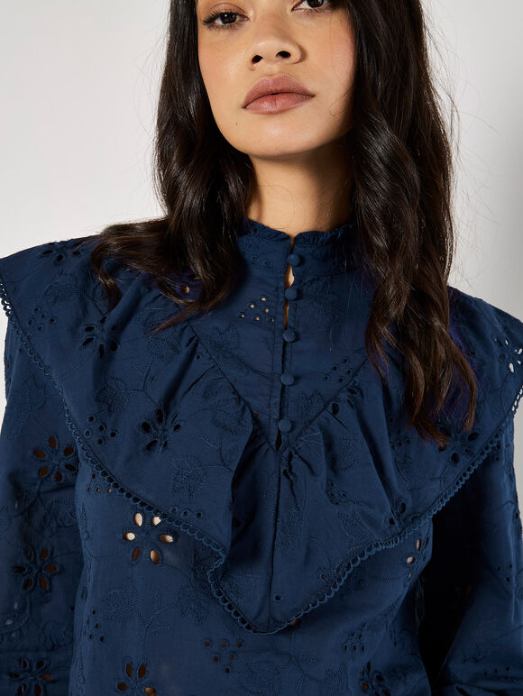 Embroidered Cotton Ruffle Blouse, Navy, large