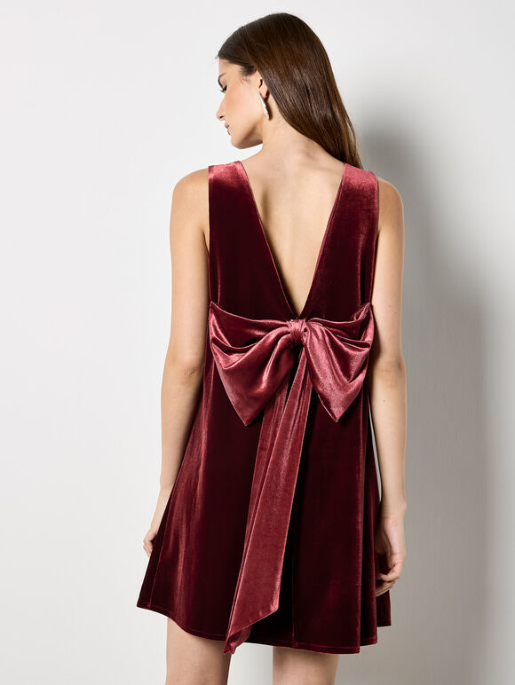 Velvet Bow Back Swing Dress, Burgundy, large