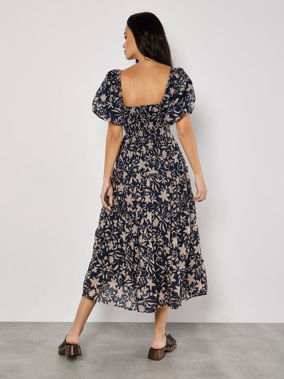 Sarasa Floral Tiered Midi Dress, Navy, large