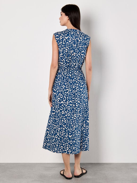 Animal Print Cotton Midi Dress, Blue, large