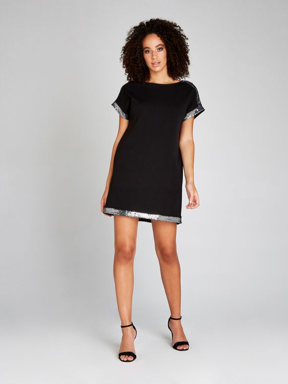 Black Metallic Hem Detail Dress, Black, large