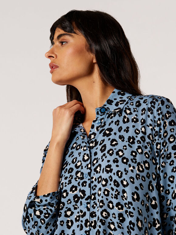 Leopard Print Swing Shirt Mini Dress, Blue, large