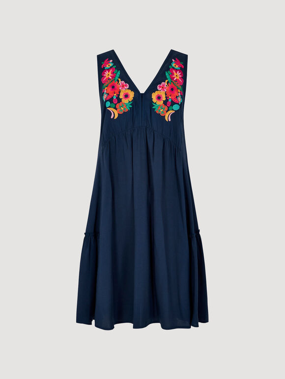 Embroidered Blooms Swing Mini Dress, Navy, large