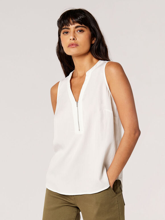 Zip Detail Sleeveless Blouse, Cream, large