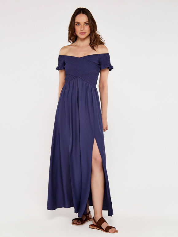 Cross Over Slit Dress, Blue, large