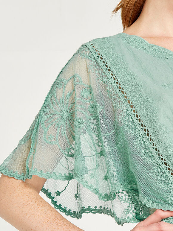 Embroidered Batwing Peplum Top, Mint, large