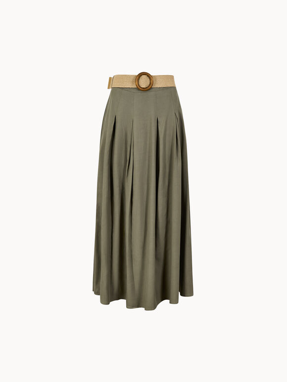 Boho Belted Midi Skirt, Khaki, large