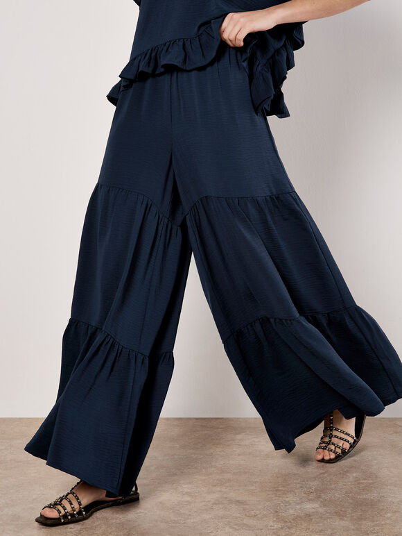 Wide Leg Tiered Trousers, Navy, large