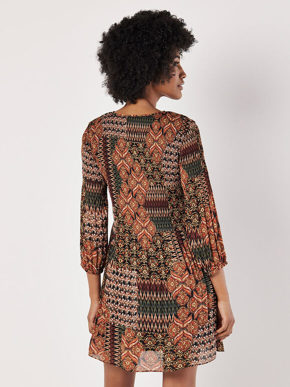 Patchwork Plisse Mini Dress, Khaki, large