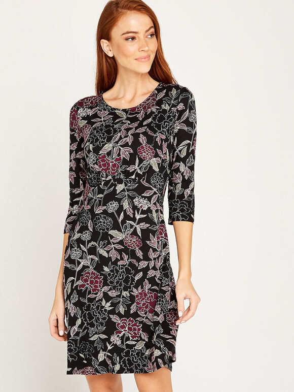Etched Floral Print Jersey Dress, Black, large