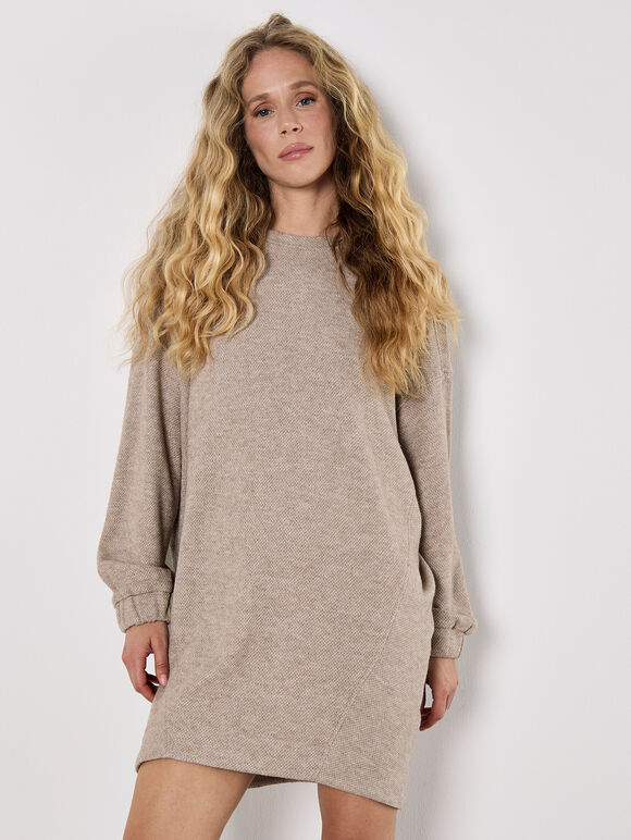 Honeycomb Knit Jumper Mini Dress, Stone, large