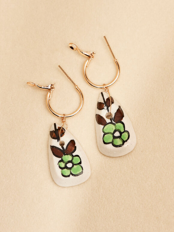 Hand Painted Ceramic Hoop Earrings, White, large