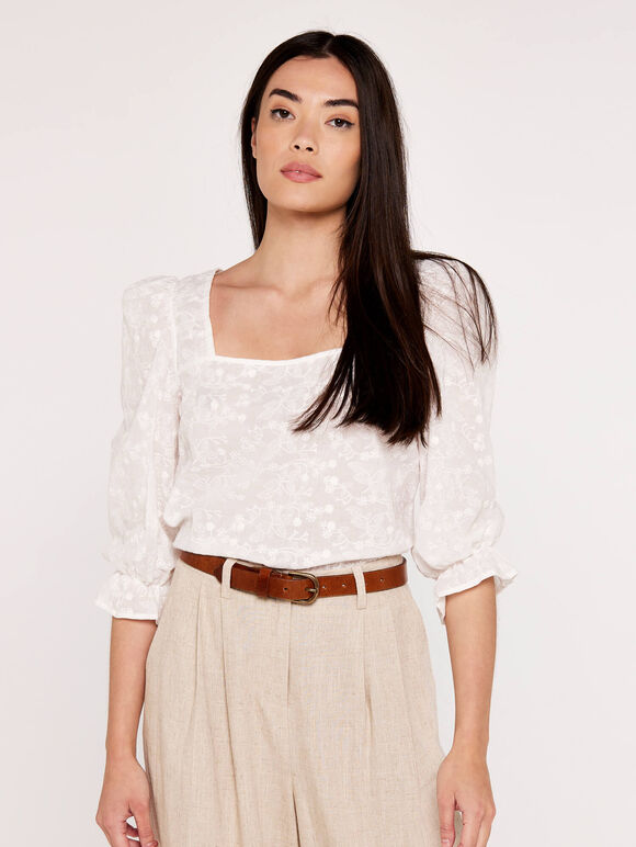 Floral Embroidered Top, Cream, large