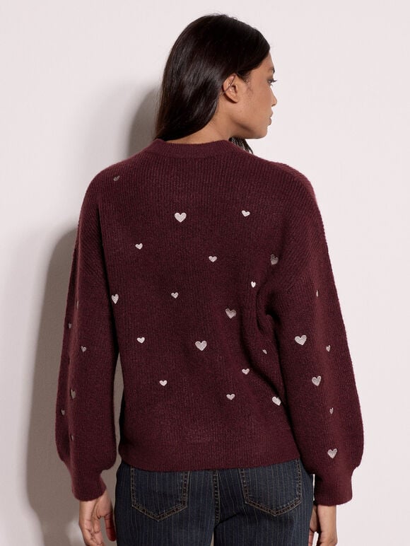 Embroidered Heart Jumper, Plum, large