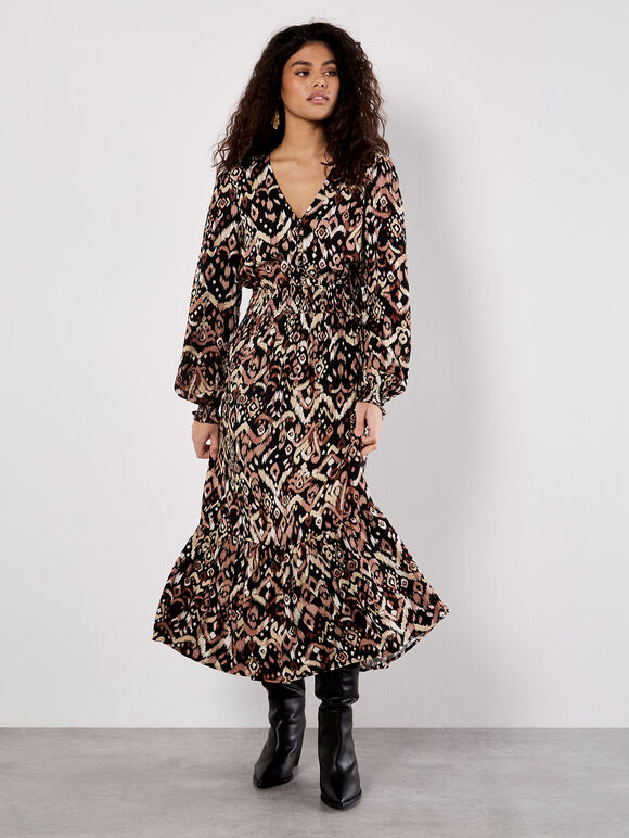 Ikat Print Midaxi Dress, Black, large